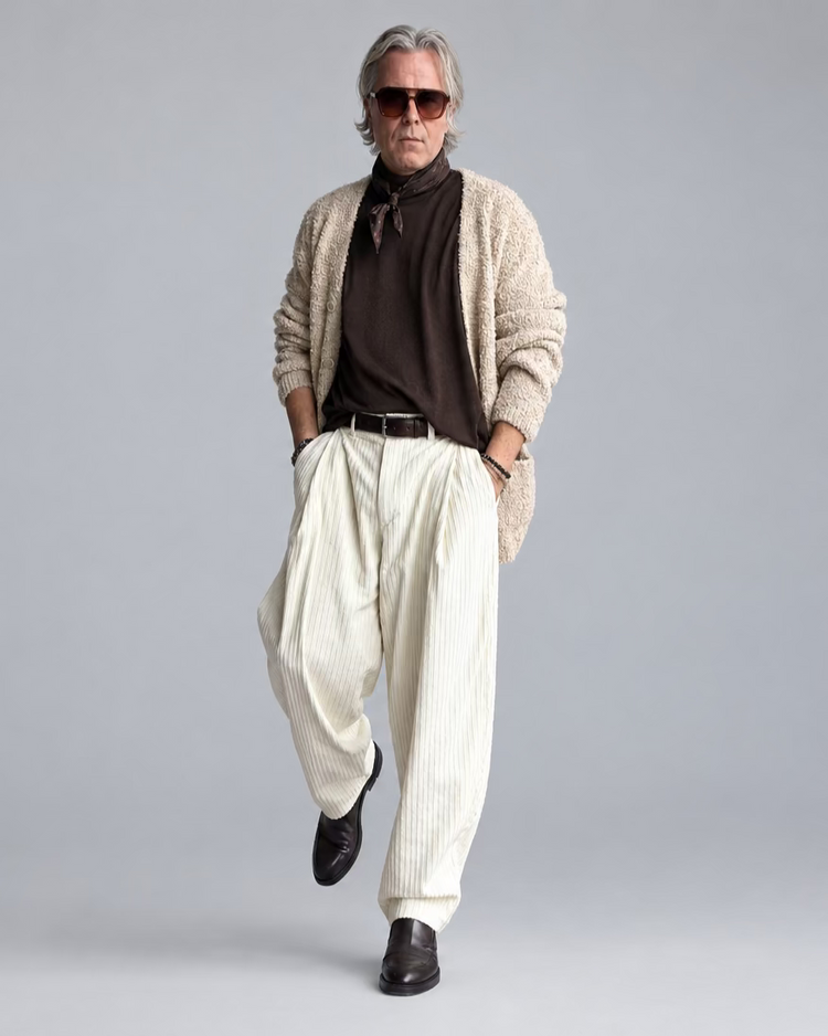 A man wearing a beige knit cardigan, dark brown T-shirt with brown silk scarf, cream pinstriped trousers, and black shoes, standing against a white painted brick wall.