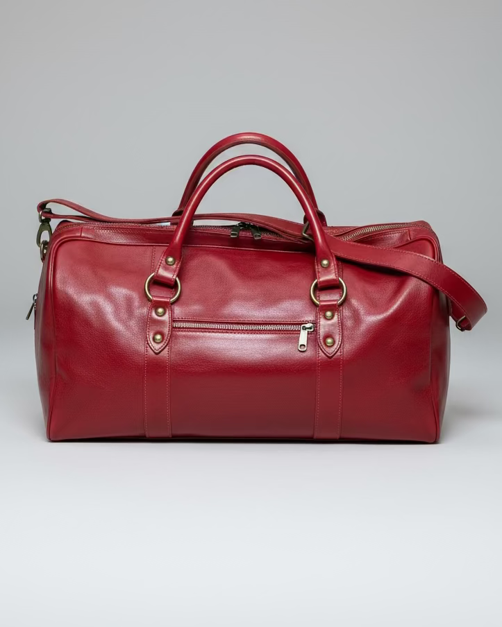Red leather bag with shoulder strap on a light gray background
