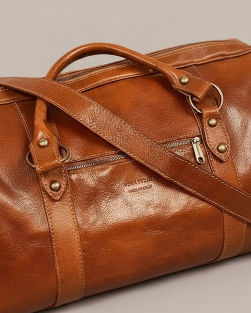 Black leather duffel bag with a shoulder strap and 1 puller on the side pocket on a textured light grey surface