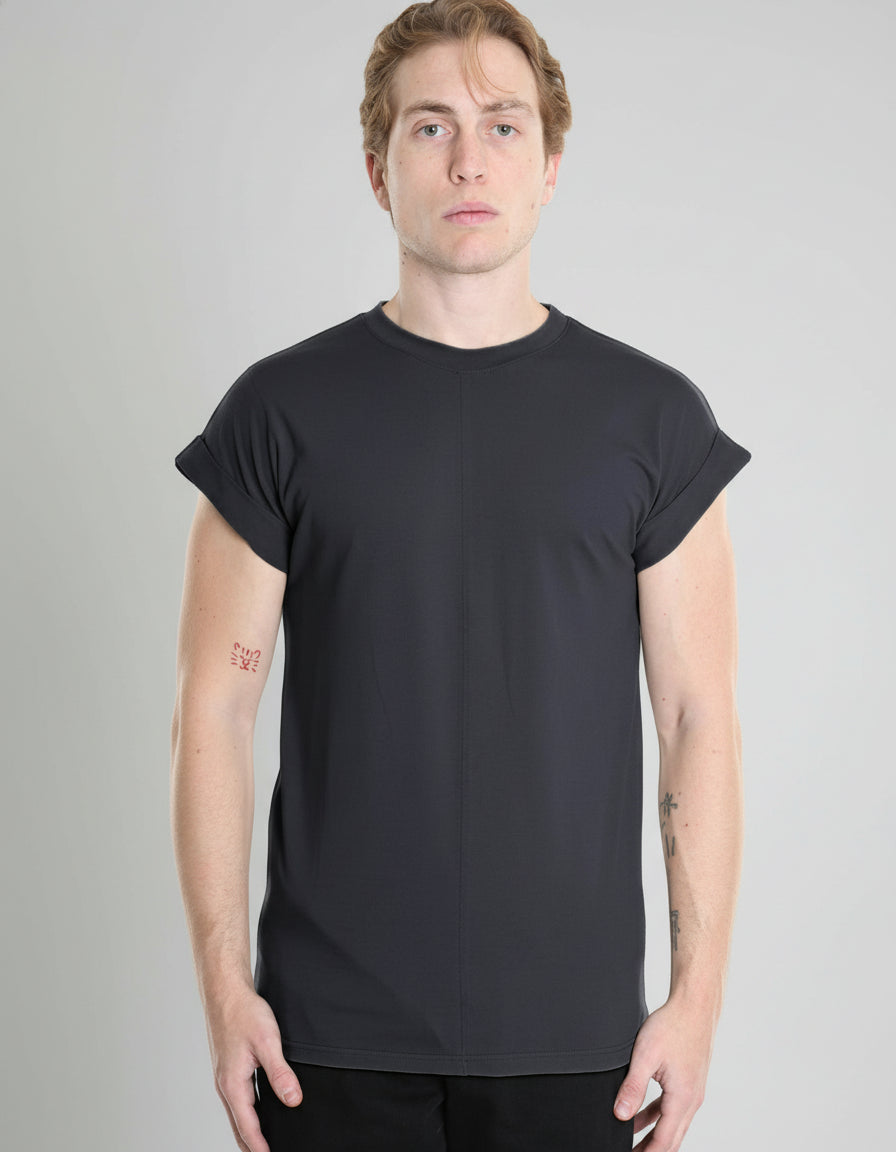 Man wearing a black t-shirt on a white background