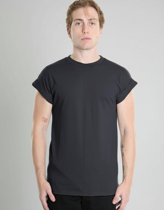 Man wearing a black t-shirt on a white background