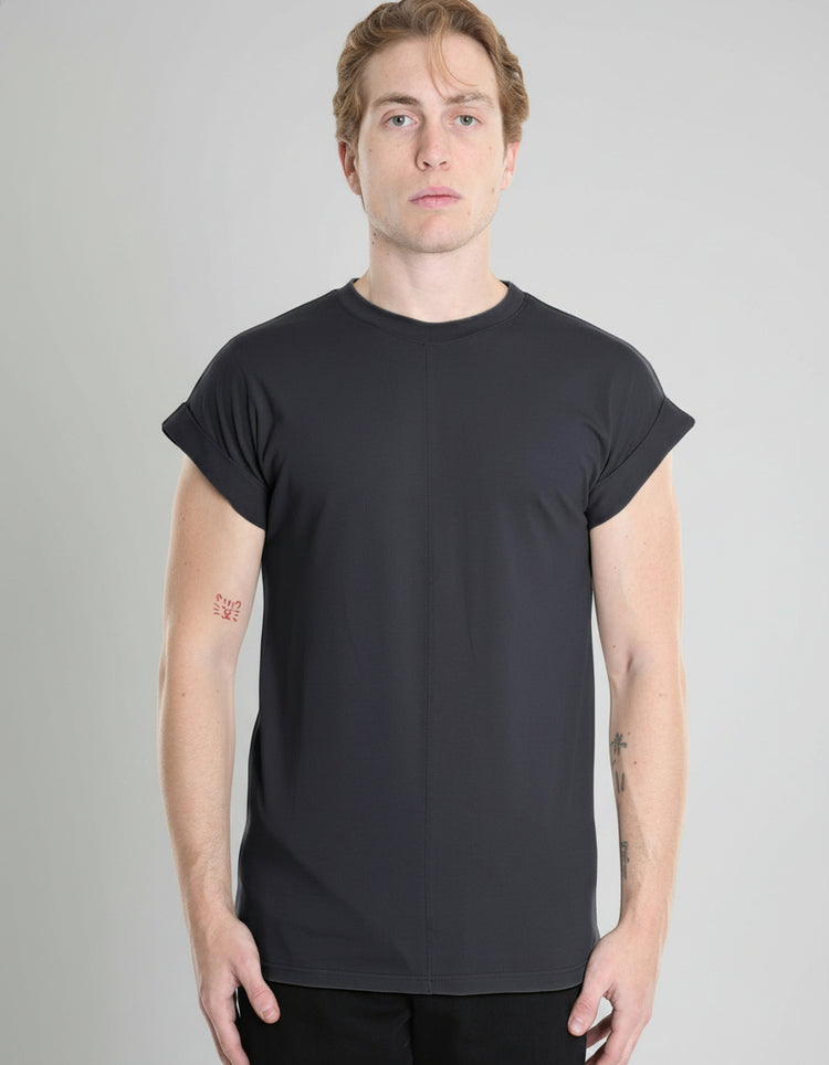Man wearing a black t-shirt on a white background